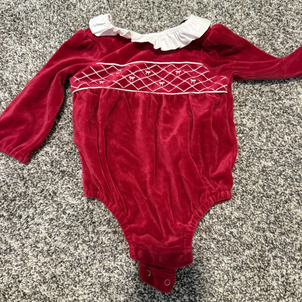 Little Me Red Velvet Smocked Ruffle Collar One-Piece